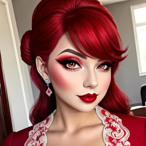 Prompt: Ruby ladylady, all in red, pretty makeup, elegant, nice clothes, facial closeup