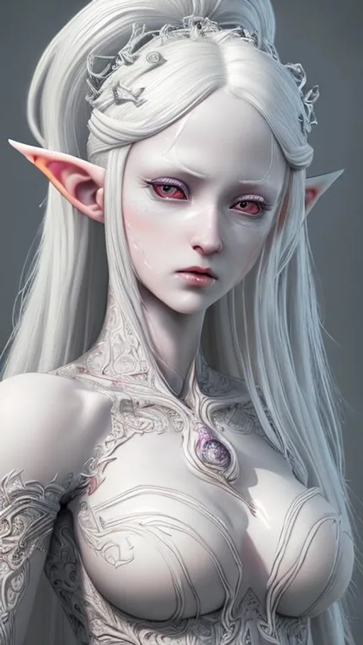 Prompt: highest quality stylized character concept masterpiece, award winning digital 3d oil painting art, hyper-realistic, intricate, 64k, UHD, HDR, image of a beautiful berserk albino elf-girl, highly detailed face, hyper-realistic facial features, perfect anatomy in perfect composition of professional, long shot, sharp focus photography, cinematic 3d volumetric, dramatic lighting with backlit backlight, {{sexy}}, aiming down sights.