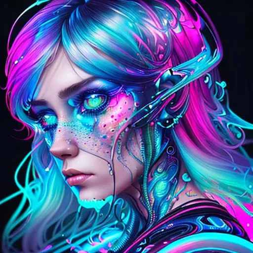 Prompt: sweden artist iriart digital portrait, in the style of futuristic psychedelia, vray tracing, fluid color combinations, hyper-detailed illustrations, luminous 3d objects, hyper-realistic water, neon color palette