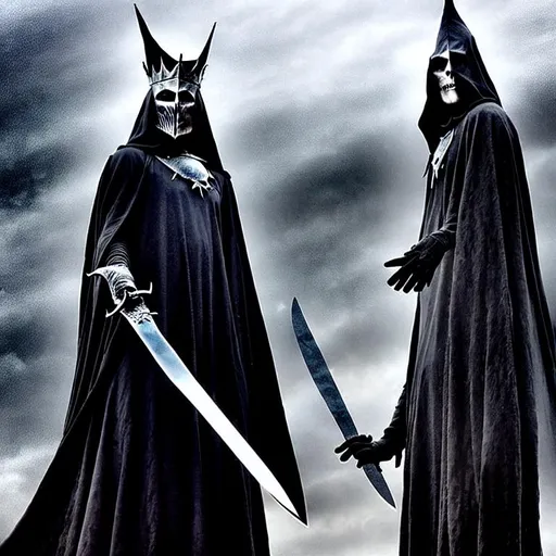 Prompt: the witch-kings were tall, and beneath their black cloaks, they were robed in grey. Their hair was grey, and they wore silver helms, although the Witch-king wore a crown. Their eyes were merciless and piercing, and their hands were haggard. The Witch-king held a knife, and the knife and his hand shone with a pale light