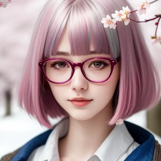 Prompt: 18 years old cute and beautiful girl, hi res, photography, wearing glasses, realistic, high details, facial details, messy stray hair bob fringe pink and silver, slim body, f-cup size,  snowry winter cherry blossoms, hyperdetail, 4k, 8k, sunny day, pastel soild and sharp colour, backlit, facial expression