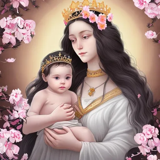 Prompt: young mother with long white hair with a crown of pink flowers sitting on her knees holding a baby