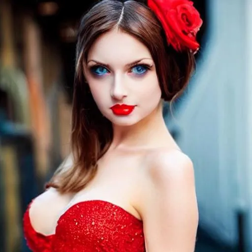 Prompt: anime girl with a red dress,Blue eyes, brown hair long, big but, pretty face  ,hot face with red lipstick. 