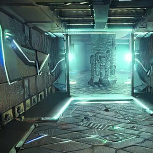 Prompt: indoors in a futuristic apartment dungeon is a magical  jewelcraft sorcerers sect of dwarves. At their store with stone walls made during the ancient times. Made in the future and ergonomic furniture has been brought back and spread around. Themed as cyberpunk ergonomic. 4k. (((Masterpiece)))