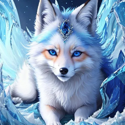 Prompt: remove tail, (masterpiece, oil painting, professional, epic digital art, best quality:1.5), insanely beautiful ((fox)), female canine ((quadruped)), adolescent, ice elemental, deep billowing blue fur covered in frost, bashful hypnotic sapphire blue eyes, gorgeous 8k eyes, gorgeous silver mane covered in frost, (plump:2.5), finely detailed fur, hyper detailed fur, (soft silky insanely detailed fur), frozen waterfall, freezing rain, soft light, lying in frosted meadow, grassy field covered in frost, cool colors, cunning, symmetric, golden ratio, unreal engine, depth, volumetric lighting, rich oil medium, (brilliant auroras), (ice storm), full body focus, beautifully detailed background, cinematic, 64K, UHD, intricate detail, high quality, high detail, masterpiece, intricate facial detail, high quality, detailed face, intricate quality, intricate eye detail, highly detailed, high resolution scan, intricate detailed, highly detailed face, very detailed, high resolution