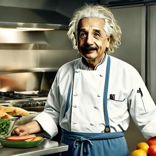 Prompt: Albert Einstein as chef, looking in camera, professional photography , happy face, realistic skin, in kitchen 