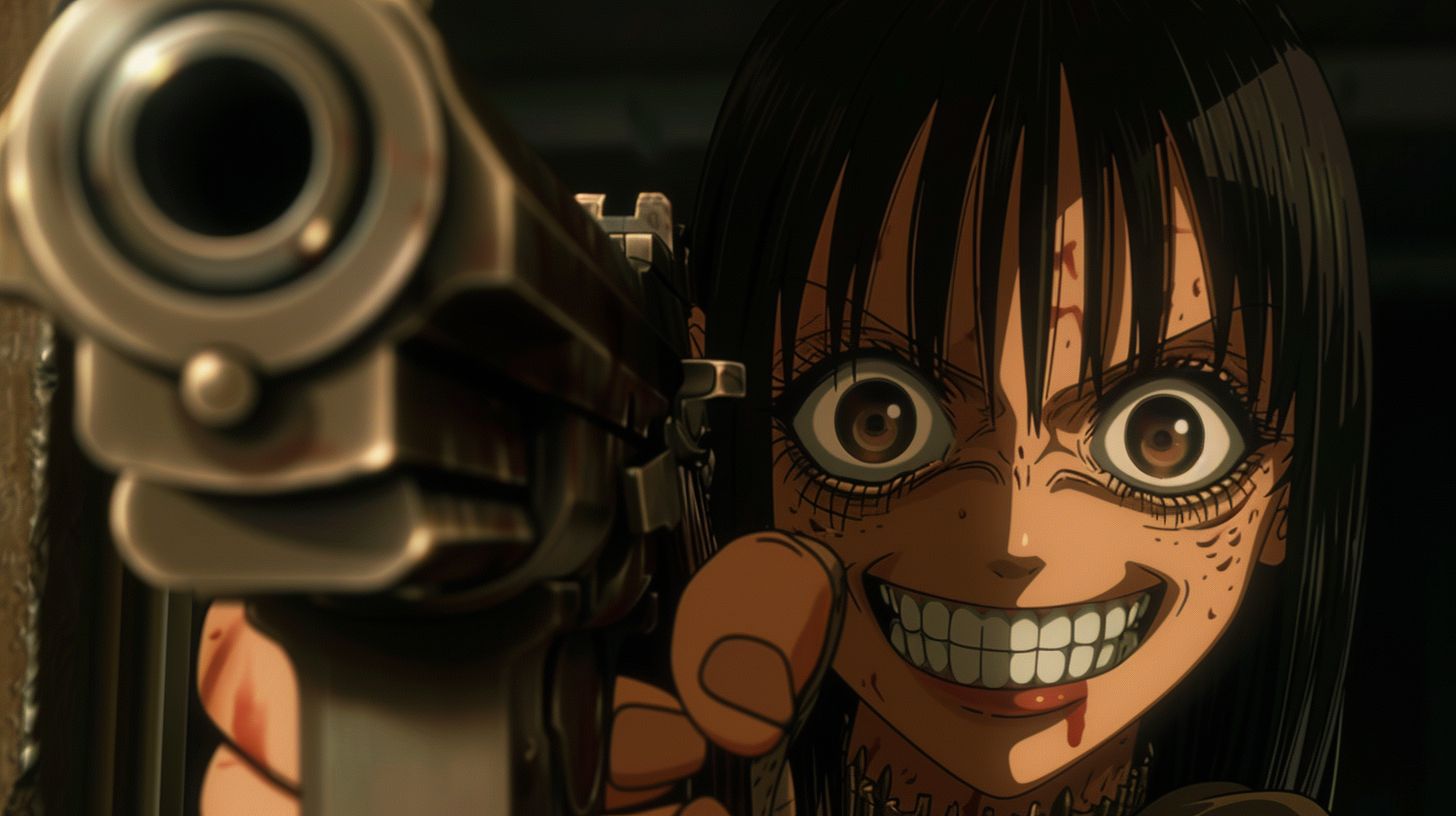 Prompt: anthropomorphic smiling bullet going through glass shot by an anime girl