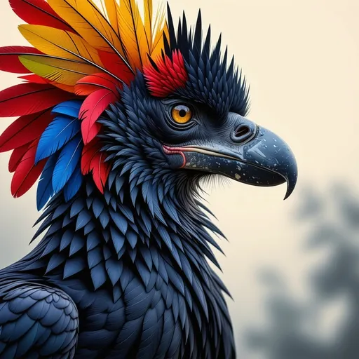 Prompt: (regal looking vulture), (surrealistic style), (vibrant color scheme), extraordinary and spectacular plumage, ornate and imaginative details, dreamlike atmosphere, high contrast vivid hues, intriguing textures and forms, whimsical background elements, soft ethereal lighting, (ultra-detailed), striking visual composition, captivating and mesmerizing appearance.