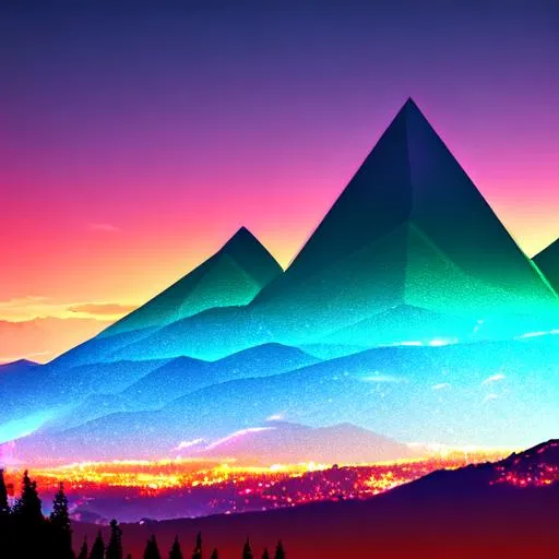 Prompt: oversaturated colors of the nightfall over the vector mountains, hidden magical symbols hidden all over in the image