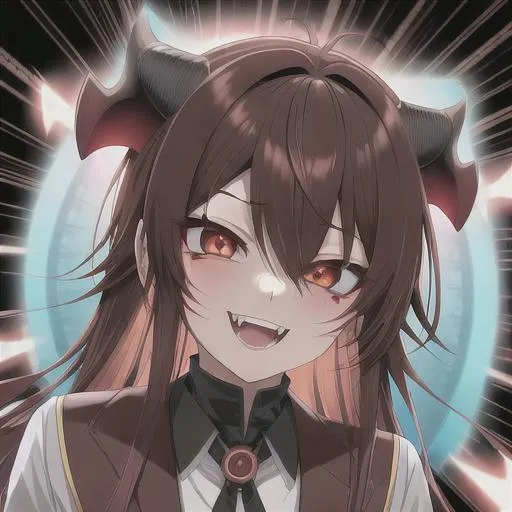 Prompt: insane, cute anime boy, brown hair, smiling, trippy background, demon behind, zoomed out, fangs, aesthetic mask, scars, no horns, hands on face 