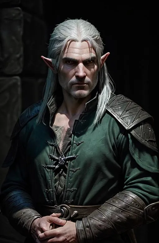 Prompt: Create a Dungeon & Dragons high elf character based on Geralt of Rivia from Netflix series dressed all in black. Don't make too similar to the actor, instead make it look alike me with no glasses and with green eyes (I'm attaching a picture of me).