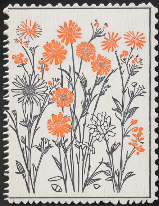 Prompt: Orange and Pink  colored retro
wildflowers  woodblock stamp