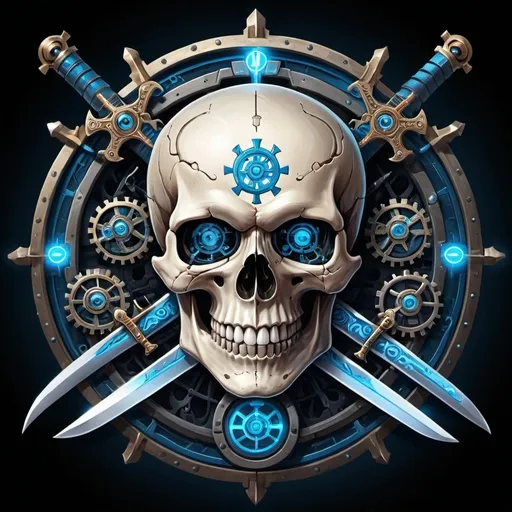 Prompt: The inner circle has a skull, mechanical, with bright blue eyes that glow with joy and a mysterious smile, a blue tooth, a clockwork mechanism on the skull's forehead, a sword crossed in the center,