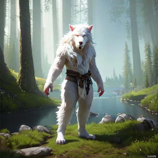 Prompt: Oil painting, landscape,  
ultra-realistic, 3d lighting, perfect composition, unreal engine 8k octane, 3d lighting, UHD, HDR, 8K, render, HD, 

highly detailed, camera  far away from the character, visible full body, 

ethereal, unnatural albino cute werewolf in a cute  pose resembling the Druid from Diablo 2 character, with big claws, a small tail, rear wolf limbs fibulas and hocks, and (white and golden armor) with pauldrons, standing at the top of a lush hill in a dark forest at a red full moon's night, fighting infernal monsters.

Landscape, (Masterfully crafted Glow, pale blue lens flare) behind