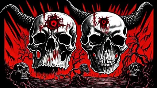 Prompt: an album cover  of a steamphunke skull with crakes on it from the crakes there is blood dripping, the album is from lord of the lost x iron maiden, also on the cover of the album is a with and red mostly with just some red tints demon, the demon is holding the skull in the left hand, next to the demon is demonic cat, there is this dark phantasie town of darkness,  in the rigth hand of the demon is a red gitar shaped in the form of a cruseafix, the name of the album is Spear Of The Poisoner this should be shown in text small on down side of the pictur more to the corner but not to close ot the corner,  must look like demoonic drawing, size 16:9