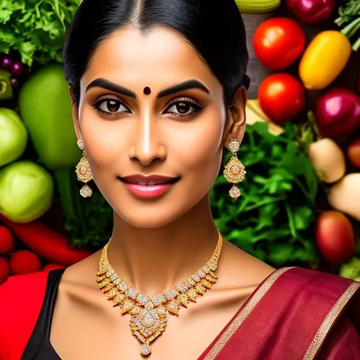 Prompt: Portrait of SQ lady in simple stud diamond necklace and single stud diamond earring with symmetrical face, with backdrop of fruit and vegetable stall