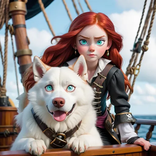 Prompt: a 14 year old girl with red hair and blue eyes in a pirate suit standing on a ship with an extremely large pure white husky dog with green eyes 