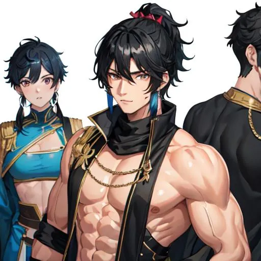 Prompt: Male (black hair in the front blue hair in the back) (brown eyes) buff, muscular. UHD, 8K, 