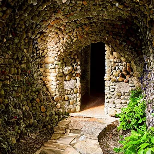 Prompt: Grotto with stones and vines