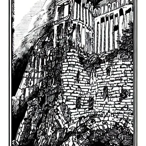 Prompt: a high resolution grimdark black white style tarot card depicting castle ruins crumbling on a cliff side
