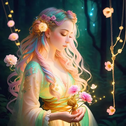 Prompt: 3/4 view painting of a beautiful girl, style of fragonard and Yoshitaka Amano (pastel hair with flowers, messy), shibari, ropes, ((forest background)), bioluminescent, (wearing intricate clothes), delicate, soft, fireflies, ethereal, luminous, glowing, dark contrast, celestial, ribbons, trails of light, 3D lighting, soft light, vaporwave
