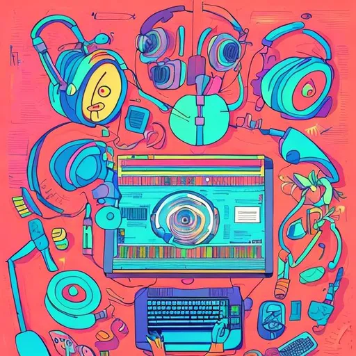Prompt: podcast editing, colorful, illustration by Aisha Franz

