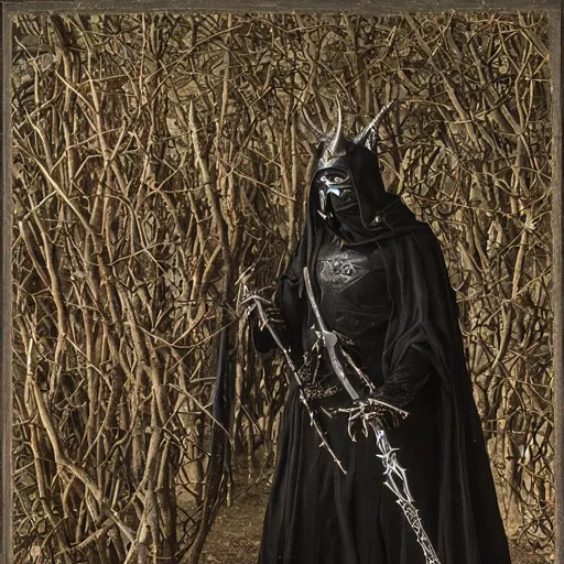 Prompt: a dark and evil figure in black robes and a hood hiding his face made of thorns and horns with armor under his robes similar to a Ringwraith. He is holding a longsword decorated in gems and ritualistic engravings of silver and onyx and a staff with a goat's skull Apon it. he is surrounded by walls of thorns and worms.