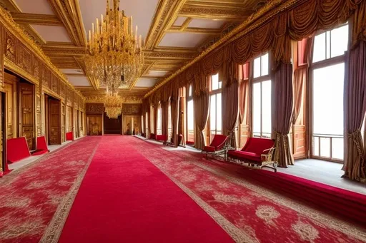 Prompt: furnished hall of a royal castle with large windows and red carpet