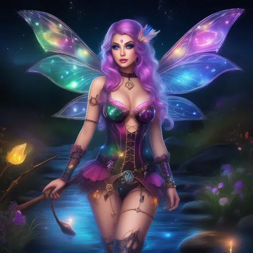 Prompt: Wide angle.  Whole body showing.  Anatomically correct hands.  Beautiful, buxom woman with broad hips and incredible  bright eyes, standing next to a stream on a breathtaking, colorful starry  night. Wearing a colorful, translucent, sparkling, dangling, skimpy, gossamer, sheer, flowing, steam-punk, fairy witch's outfit with distinct wings. With  fae flying about.
