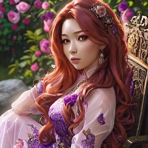 Prompt: a realistic feminine elegant ethereal princess with intricately decorated purple kebaya clothes, auburn balayage  hair, seated on a rock bench in a beautiful rose garden, highly detailed , HD quality, dramatic light, octane, facial closeup