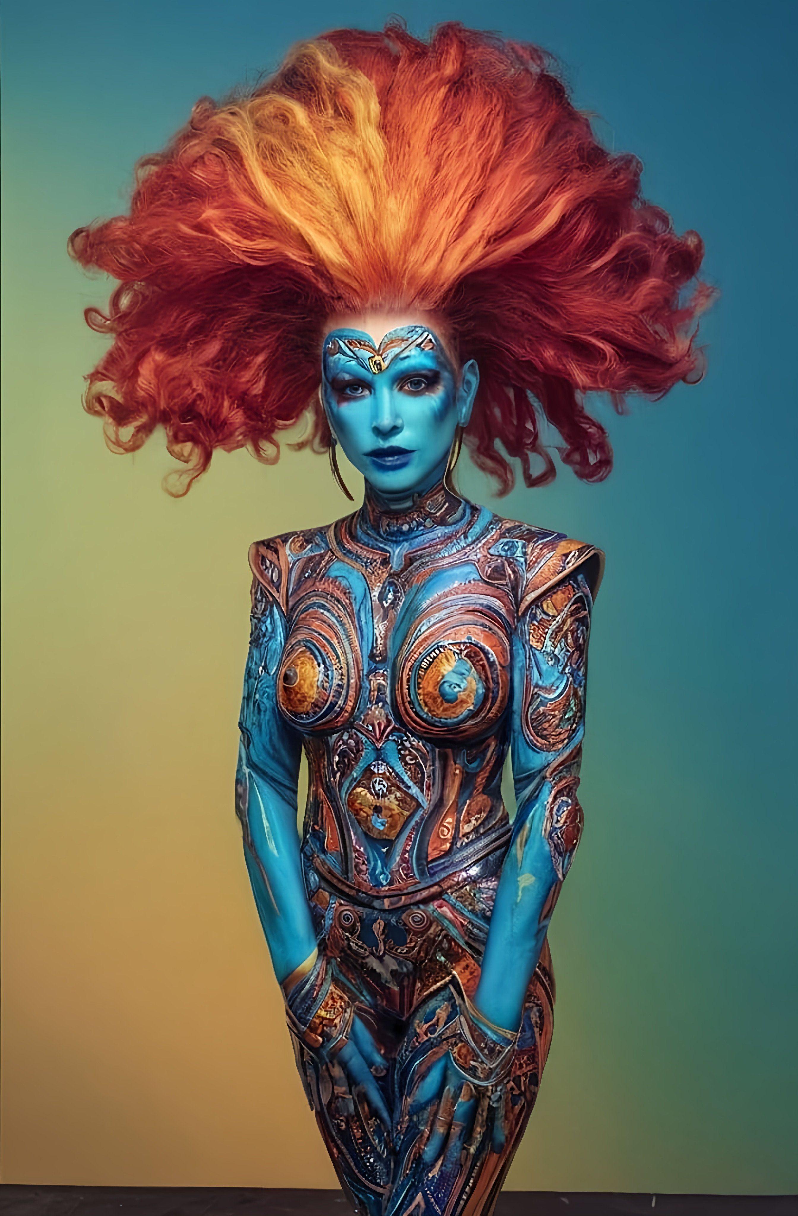 Prompt: a woman with red hair and makeup is dressed in a body suit with a blue body paint