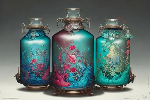 Prompt: teal potion bottles; a beautifully colorful and intricately detailed mixed media ink illustration by tom bagshaw, utagawa hiroshige, album cover art, 3d liquid art, subsurface scattering, octane render, 16k resolution, rich colors, hyperrealism