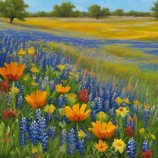 Prompt: create a painting of Texas wildflowers and be sure to include bluebonnets and wild sunflowers 