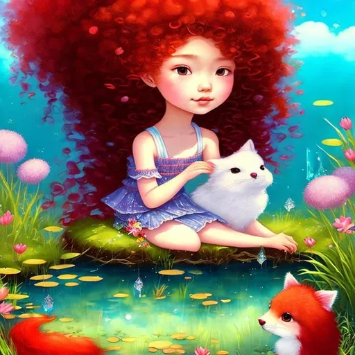 Prompt:  A very cute young girl, curly gradient red hair,  sitting in a garden next to a pond with her feet inside it's crystal clear waters. Her cute fluffly cat is right by her side resting its head on her shoulder. Spring time.  Art the style by Duy Huyn, Esao Andrews, Catrin Welz-Stein, Susan Rios and laura Diehl. Highly detailed, Best quality, intricate details, iridescent water Reflex. 