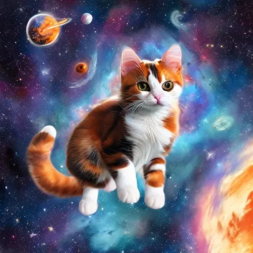 Prompt: a calico kitty in space