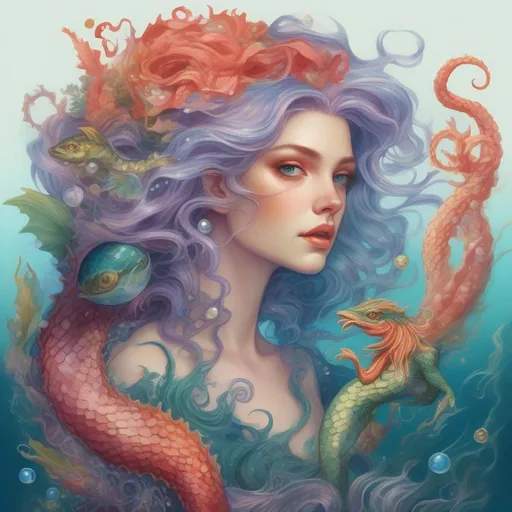 Prompt: A colourful and beautiful Persephone, with precious gem coloured hair and her hair being made out of magic and tentacles, with scales on her skin, with a sea-dragon and fish underwater in a painted style surrounded by pearl and coral