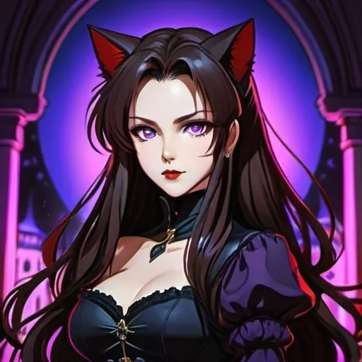 Prompt: fair skin tone, neon background, beautiful woman, innocent, hot, long dark brown hair, purple eyes, dark red lips, gothic, victorian,  vacant stare, cat ears, cat tail, dynamic pose, detailed facial features, dark lighting, 90s anime, 80s anime, anime screencap, cartoon, 2d art, romance novel cover, anime art style, castlevania anime, beserk anime,