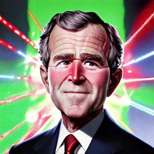 Prompt: a zoomed in picture on George Bush. He is a super hero His eyes are glowing red with lasers