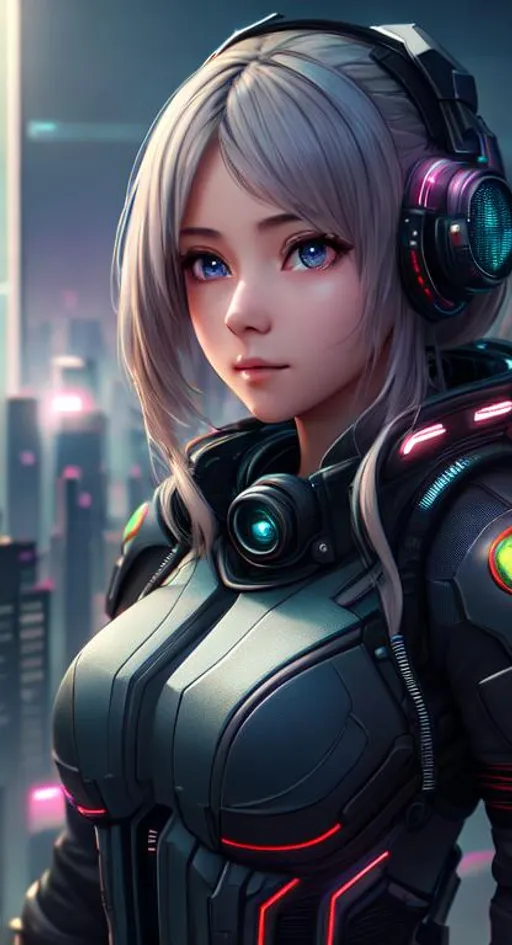 Prompt: Dystopian, High Detail RAW color Photo, Full Shot, (cute and innocent female), detailed face, detailed eyes, centered,

standing on an overlook, looking out at sprawling cyberpunk city skyline, perfect face, (highly detailed, fine details, intricate), (lens flare:0.5), (bloom:0.5), raytracing, specular lighting, shallow depth of field, 200mm lens, hard focus, smooth, cinematic film still,