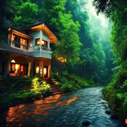Prompt: Beautiful forest nice house, raining water fall,small road,dark night and stars.. 