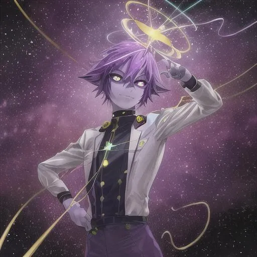 Prompt: A high quality alien man with purple skin and purple hair and yellow eyes, wears a uniform, surrounded by stars, a golden string dances around him, science fiction, beautiful, colorful, handsome, photorealistic face