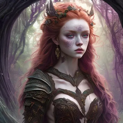 Prompt: Detailed and mystical portrait of a young beautiful warrior witch with ivory clear skin, redhead hair and deep purple eyes. Gorgeous female body, she wears rich green dress, night light, forest, dramatic, plastic pose, frontal, magical, fantasy, 8k, high detailed, dramatic light