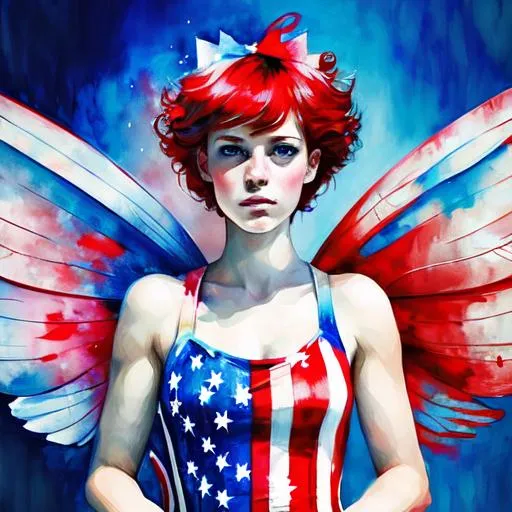 Prompt: fairy of the 4th of July U.S. patriotic, dreamscape, vivid colors of red, fwhite and blue ,closeup