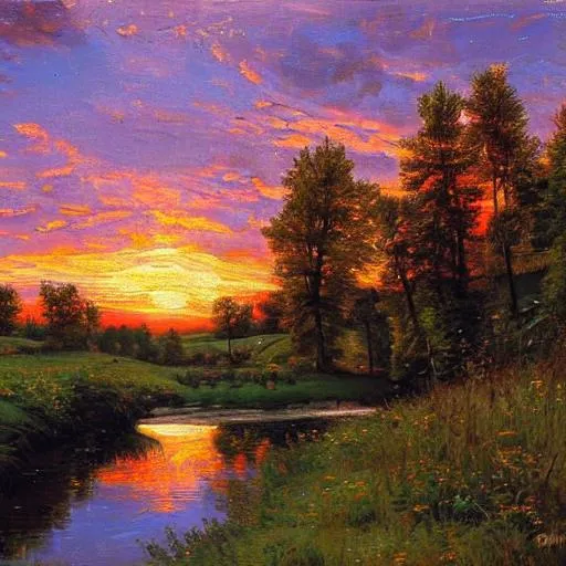 Prompt: A detailed Michigan landscape at sunset with a stream in the style of Peder Mork Monsted