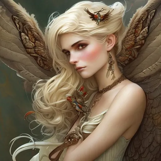 Prompt: pretty woman harpy, brown wings, blonde hair, style of James Christensen