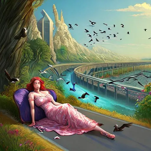 Prompt: A woman reclining next to a highway with birds all around her, fantasy, sharp, digital art