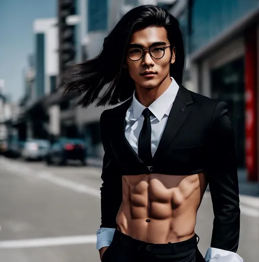Prompt: an attractive extremely long-haired 20-years old man with a six pack abs and eyeglasses wearing a crop top black suit and tie with black suit pants and a bare midriff, he has his right hands in pocket, sideview, looking at camera, outside, standing on the empty street