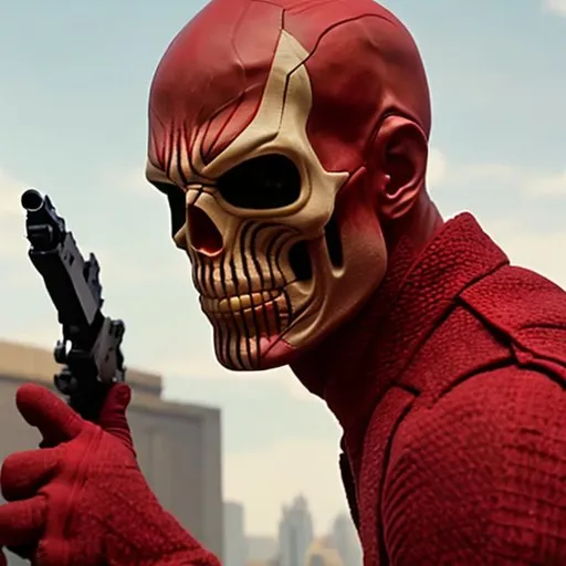 Prompt: Red Skull from Marvel directed by Wes Anderson, solid color, front, long shot, centered.