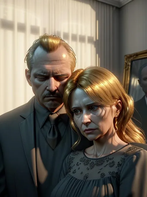 Prompt: 3D, HD, Dreamy, Sad, Devastating, Vivid, Middle-aged married couple mourning the death of a loved one,  Residential living-room background, ultra-detailed, backlit, glamour, glimmer, shadows, unreal engine 5, ultra-sharp focus, detail, ominous, golden ratio, intricate, cinematic character render, 64K --s98500