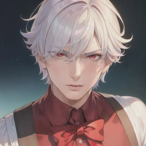 Prompt: (masterpiece, illustration, best quality:1.2), handsome boy, close up, short hair, white hair, red eyes, wearing school outfit, disgusted expression, best quality face, best quality, best quality skin, best quality eyes, best quality lips, ultra-detailed eyes, ultra-detailed hair, ultra-detailed, illustration, colorful, soft glow, 1 boy